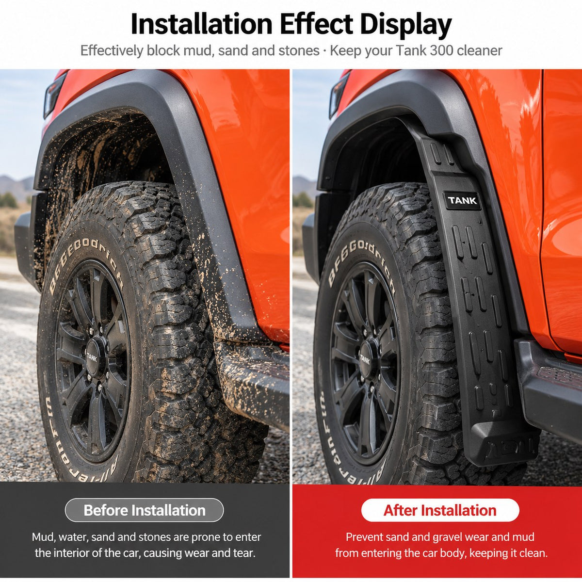 GWM TANK 300 Off-Road Edition mud flap before and after installation showing improved wheel arch protection from mud, sand and stones