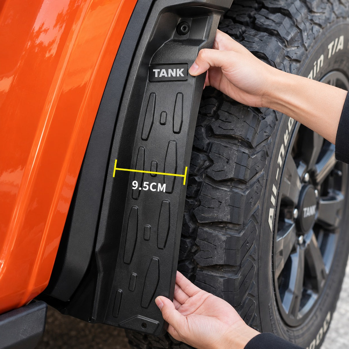GWM TANK 300 Off-Road Edition mud flap installation close-up showing the 9.5 cm product width