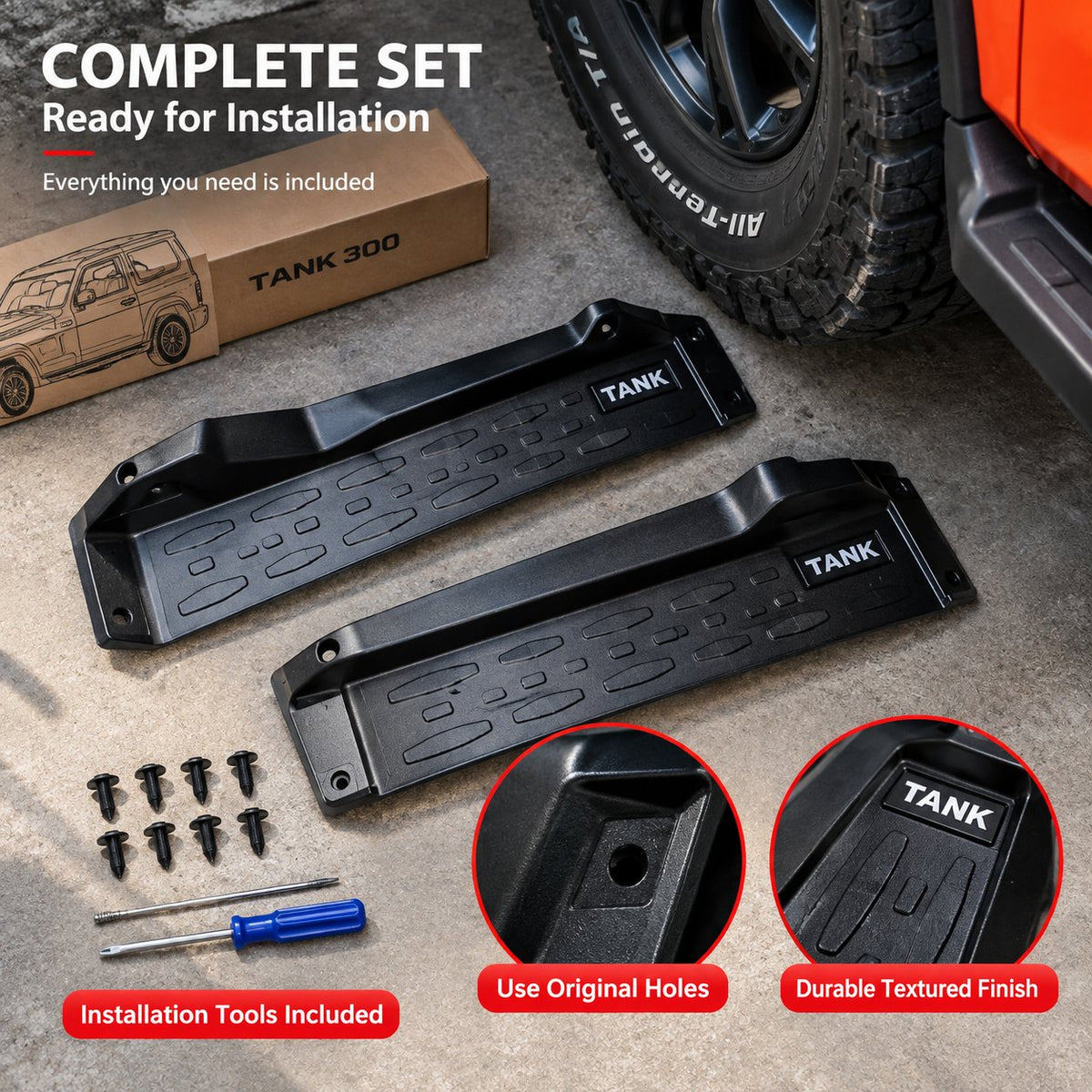 GWM TANK 300 Off-Road Edition mud flaps with installation hardware and tools showing the complete product setup