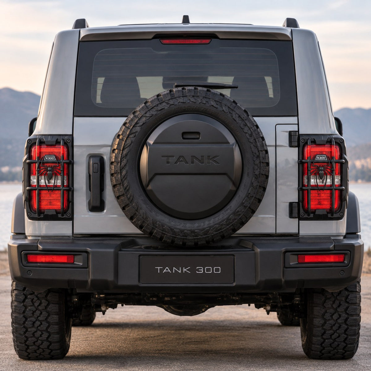 GWM Tank 300 rear taillight frame protector V1 installed on both rear taillights, full rear view