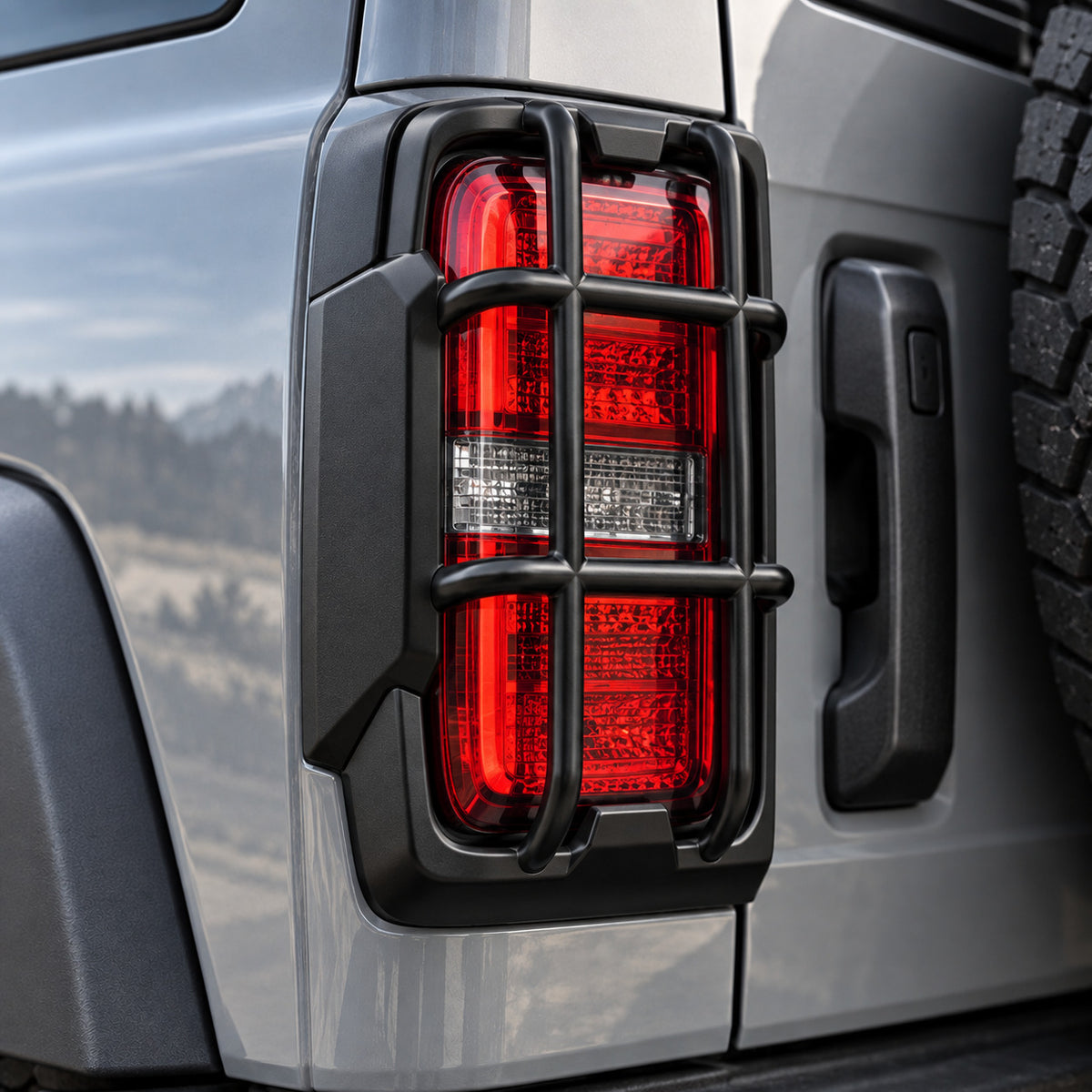 GWM Tank 300 rear taillight frame protector V2 installed around the rear taillight in close-up view