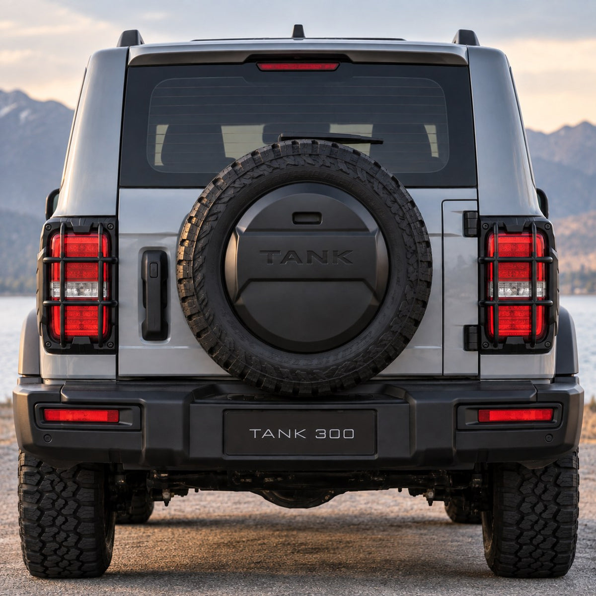GWM Tank 300 rear taillight frame protector V2 installed on both rear taillights, full rear view