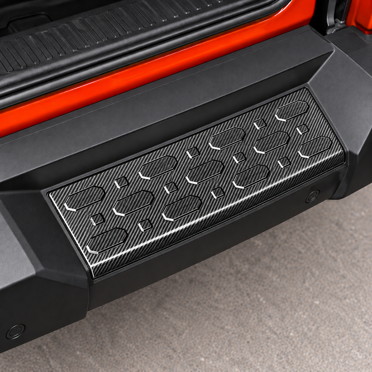 GWM Tank 300 rear trunk tailgate sill guard installed in carbon fiber color finish