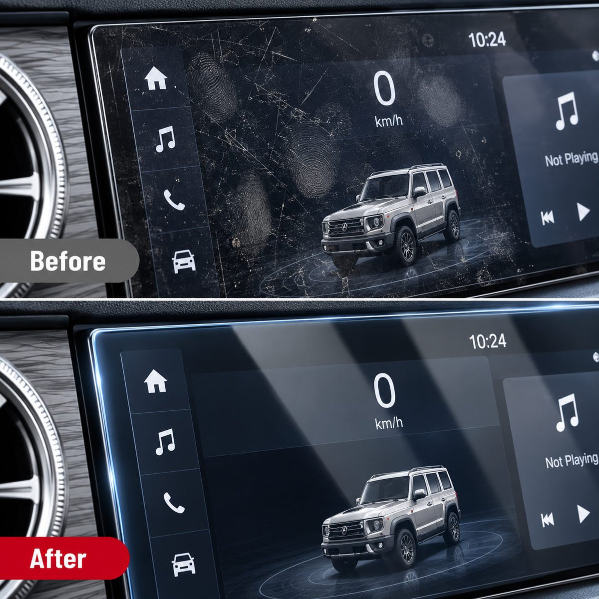 Close-up before and after comparison showing GWM TANK 300 screen protection against scratches