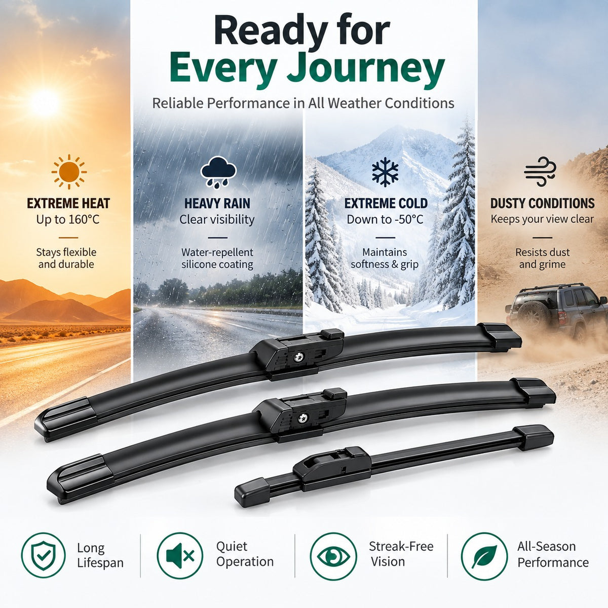 Silicone windshield wiper blades designed for reliable performance in extreme heat, heavy rain, cold and dusty conditions