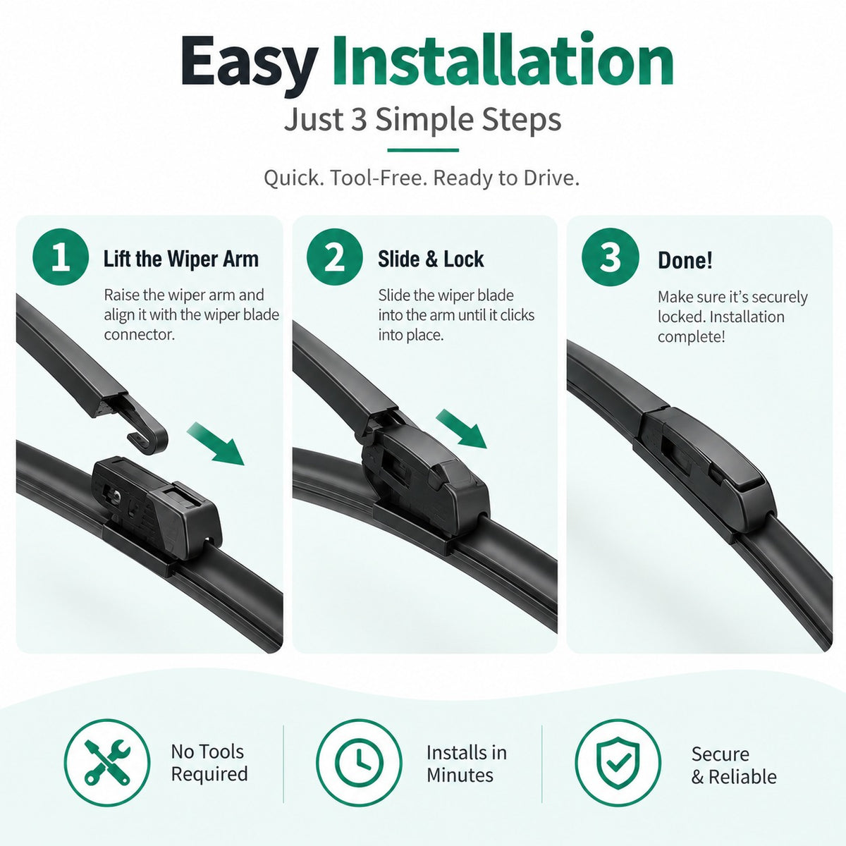 Three-step installation guide for silicone windshield wiper blades on a vehicle