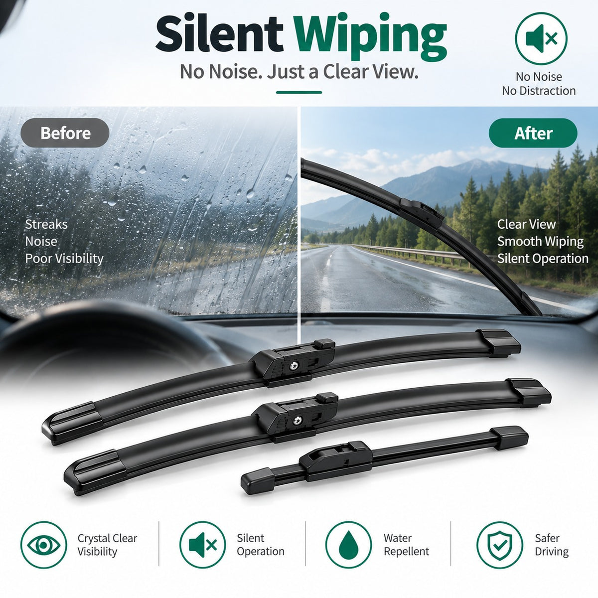 Silicone-coated windshield wiper blades providing quiet operation, smooth wiping and clear visibility in rainy conditions