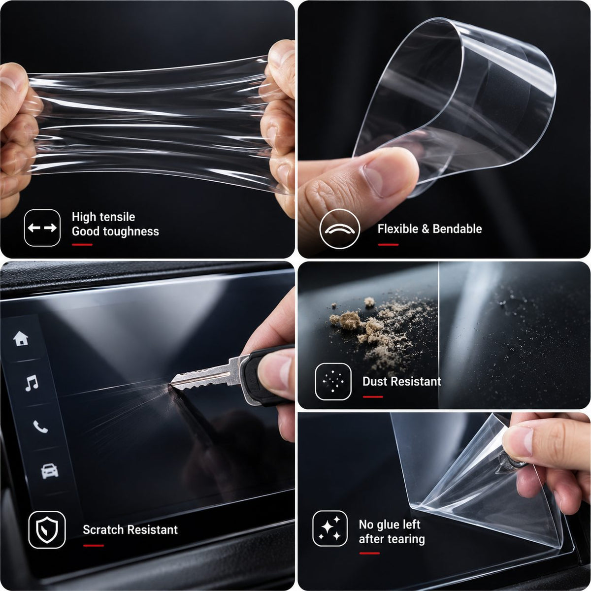 GWM TANK 300 transparent TPU protective film showing strength, flexibility, scratch resistance and clean removal
