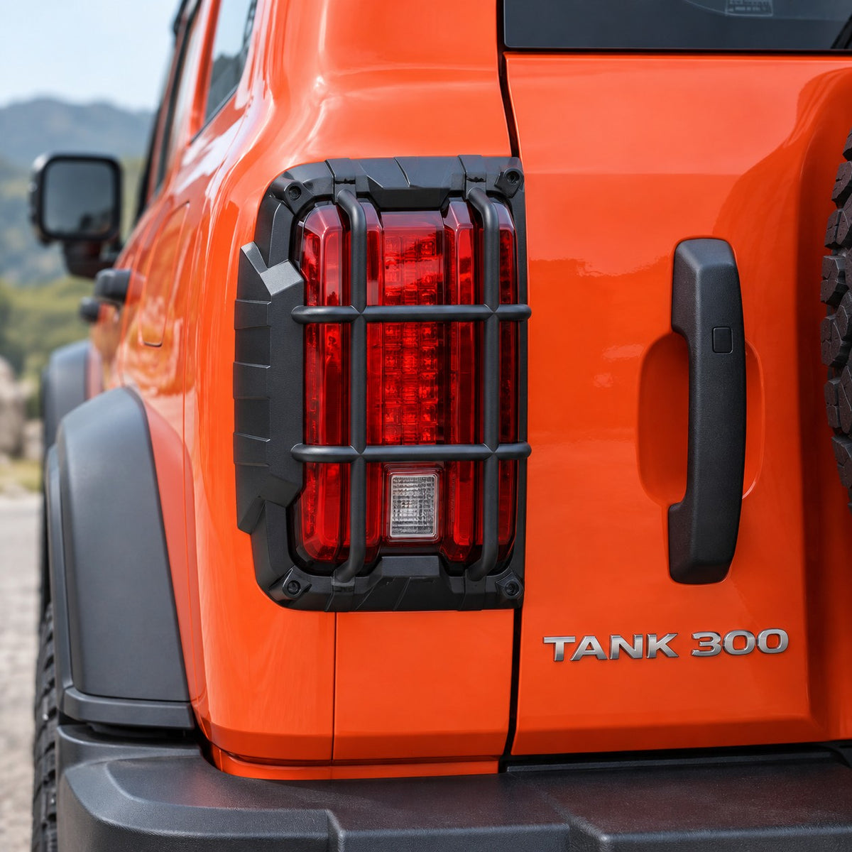 GWM TANK 300 Version A black rear tail lamp protection guard pair shown as standalone products