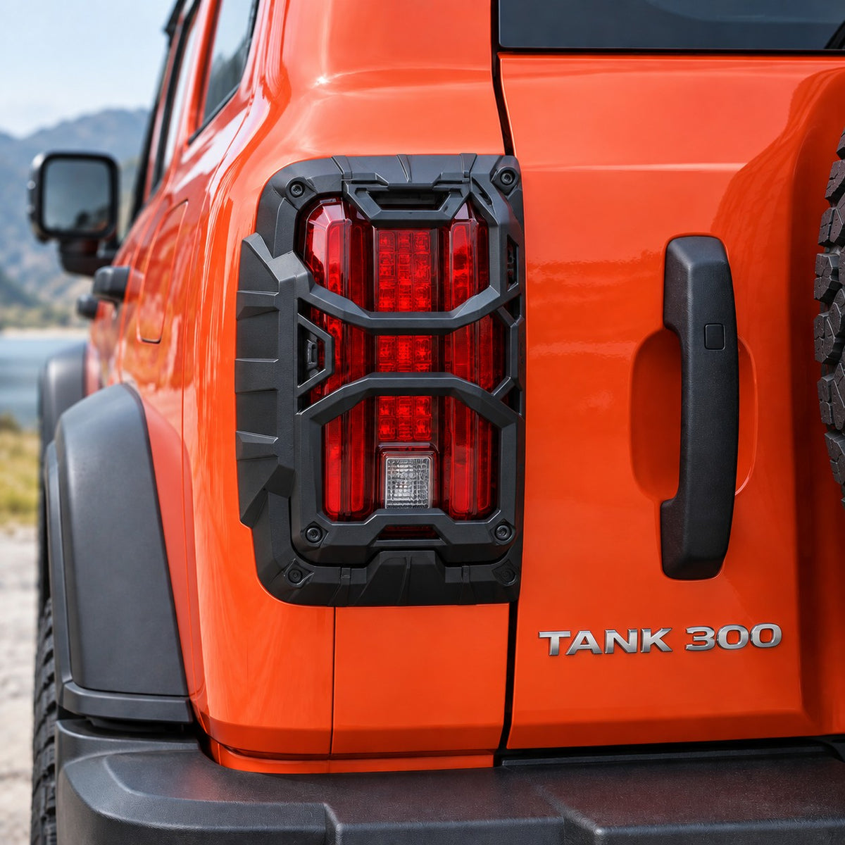 GWM TANK 300 Version B rear tail lamp protection guard installed on the orange vehicle