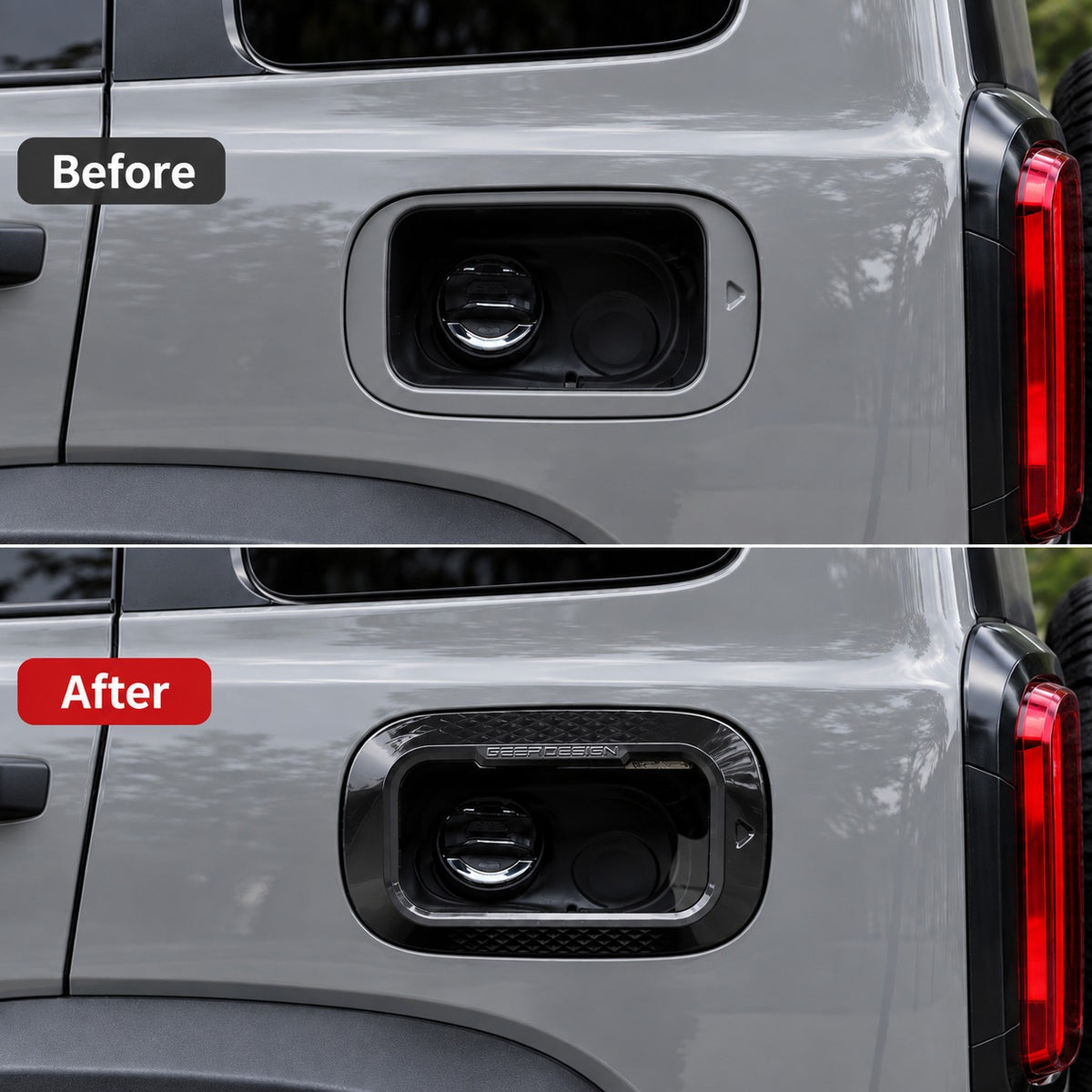 GWM Tank 300 Wide Body fuel filler area before and after installing the exterior fuel tank cover