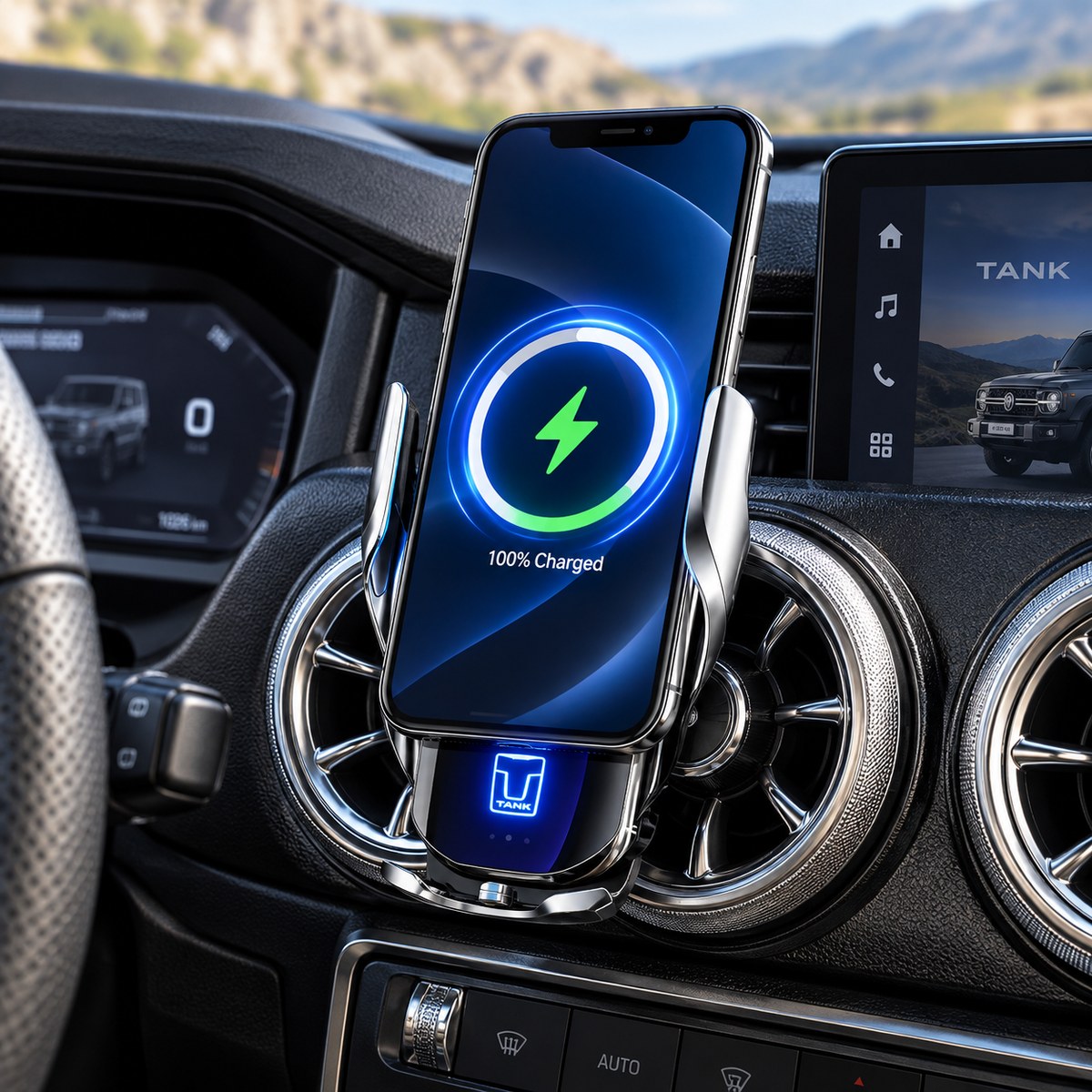 GWM TANK 300 wireless charging phone holder with smartphone installed and charging
