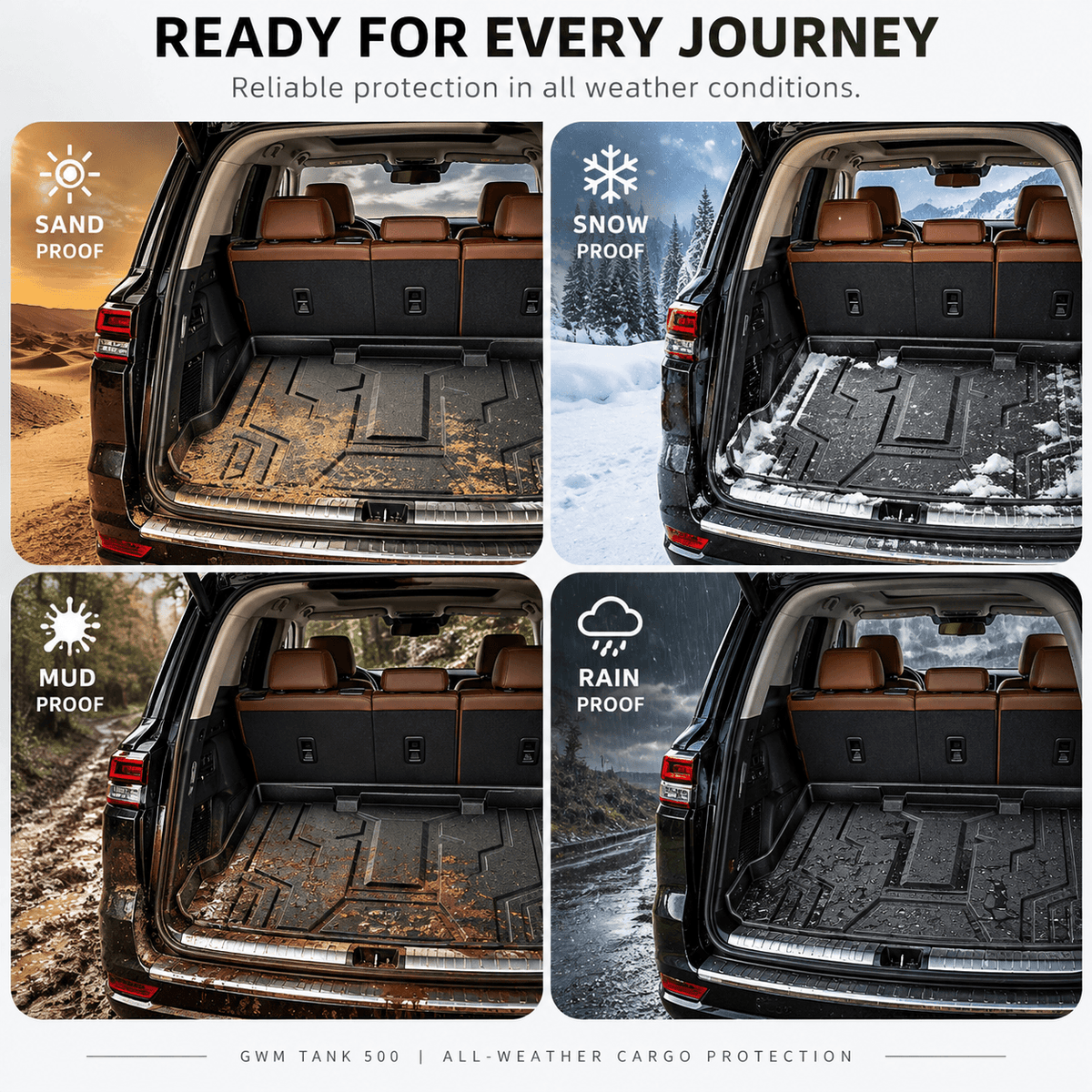 GWM Tank 500 2022–2026 black TPE trunk mat providing cargo protection in rain snow mud and sand