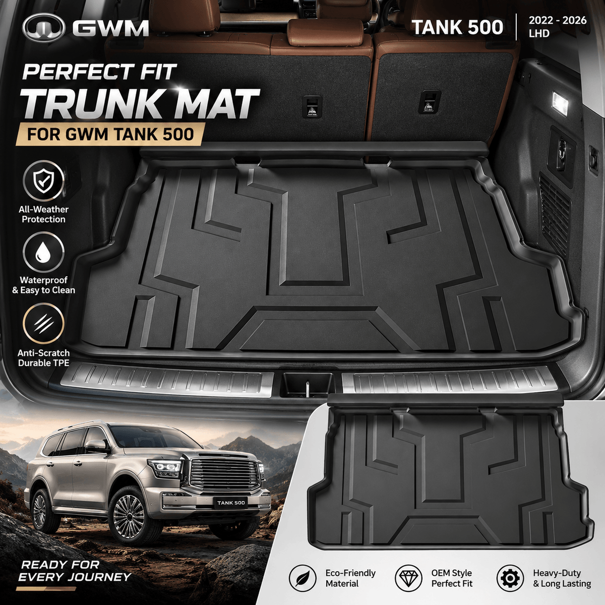Black TPE 3D trunk mat installed in GWM Tank 500 2022–2026 LHD 5-seater fuel model