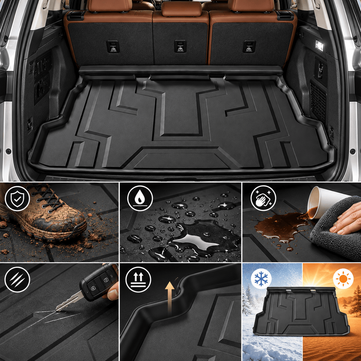 GWM Tank 500 black TPE trunk mat showing protection from dirt water spills and everyday cargo mess
