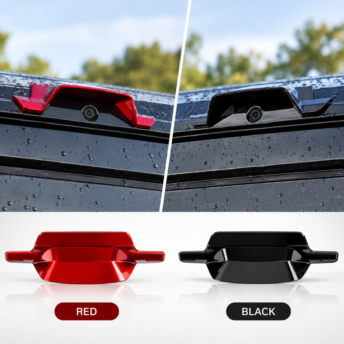 GWM TANK 700 rear camera protective covers in red and black installed on the vehicle