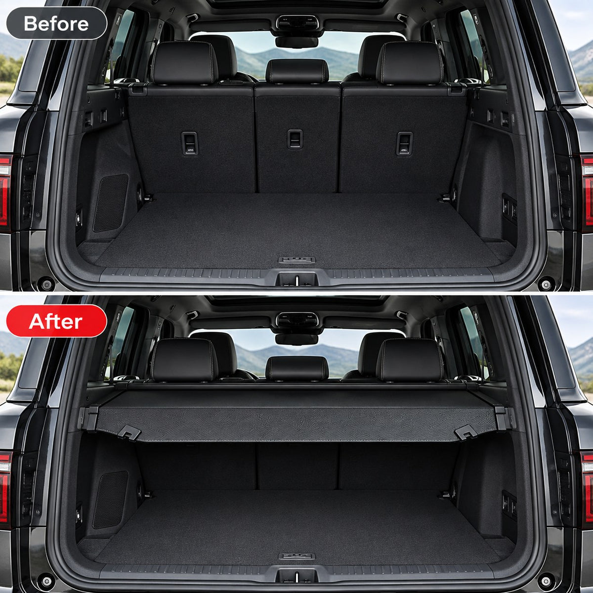GWM TANK 700 trunk canopy before and after installation showing the cargo cover fitted inside the rear storage area