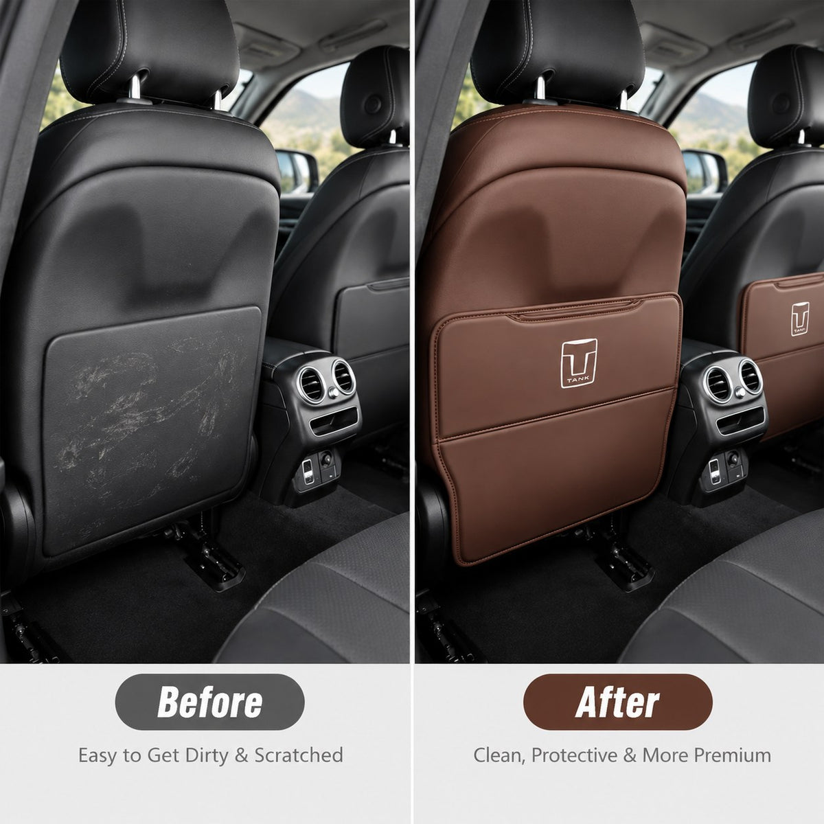 Before and after comparison of a GWM Tank leather seat back anti-kick cover showing improved interior protection