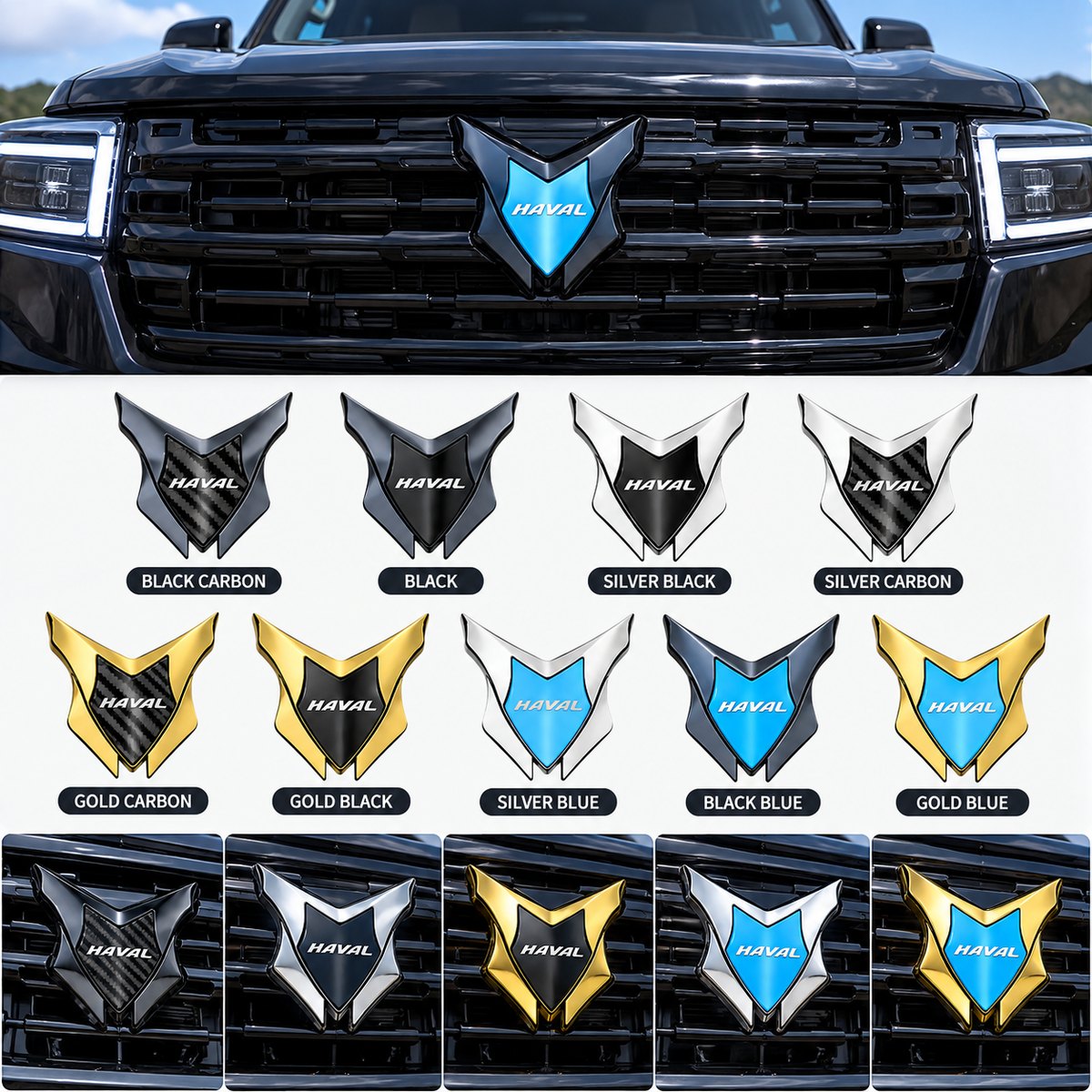 Haval 3D metal emblem stickers shown installed on a vehicle grille with multiple colour variants