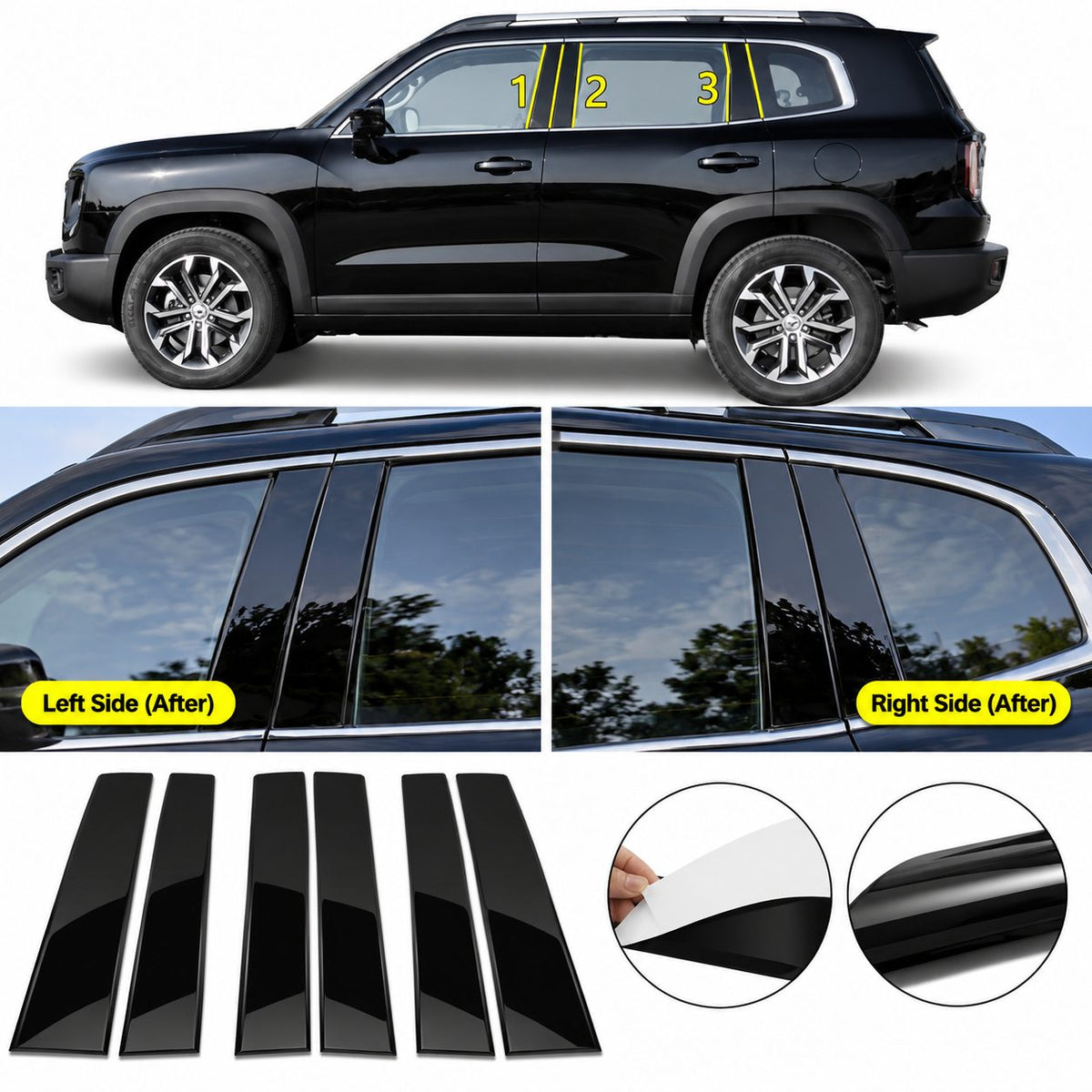 Haval Big Dog Dargo glossy black window pillar trim covers installed on the vehicle