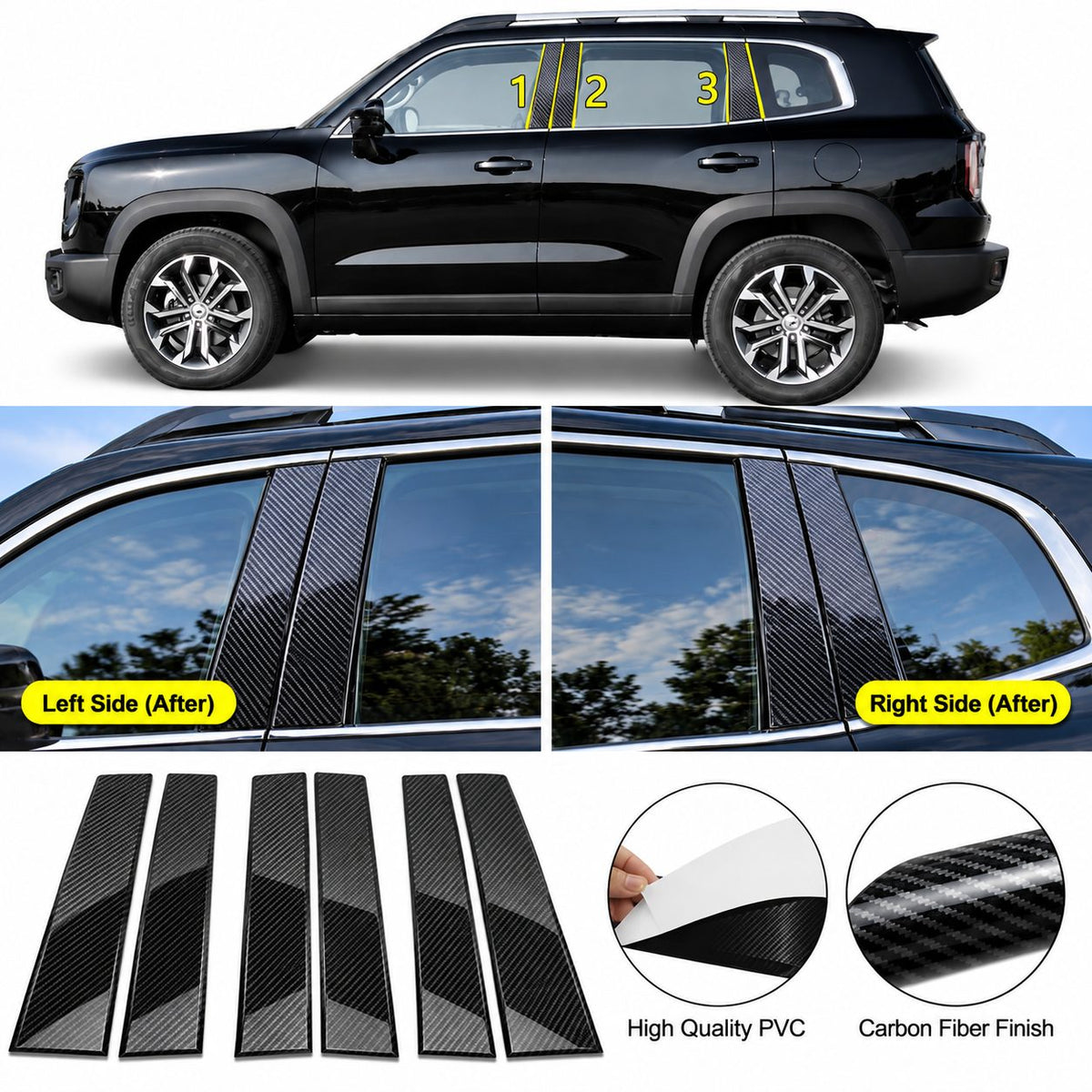Haval Big Dog Dargo carbon fiber window pillar trim covers installed on the vehicle