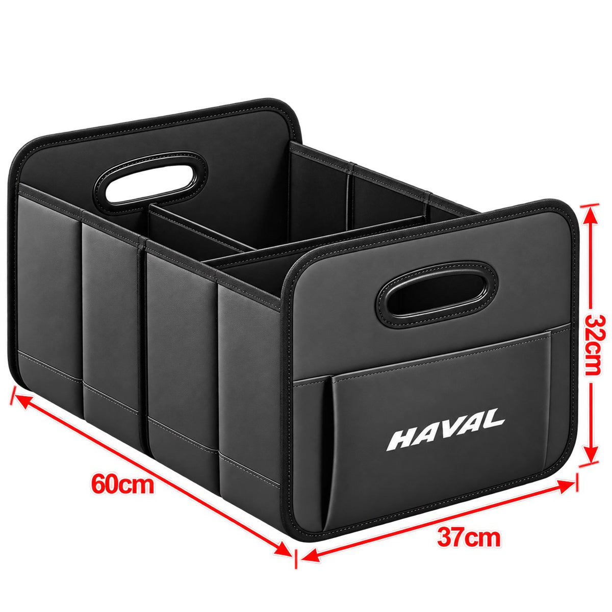 Haval black trunk storage box showing 60cm x 37cm x 32cm dimensions