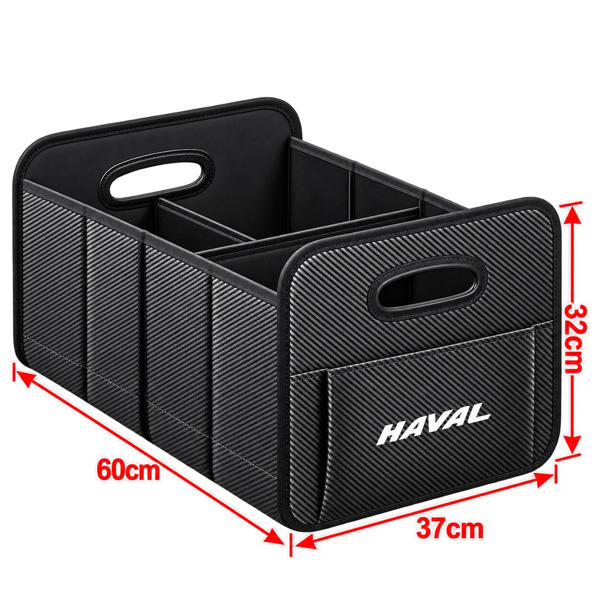 Haval carbon trunk storage box showing 60cm x 37cm x 32cm dimensions