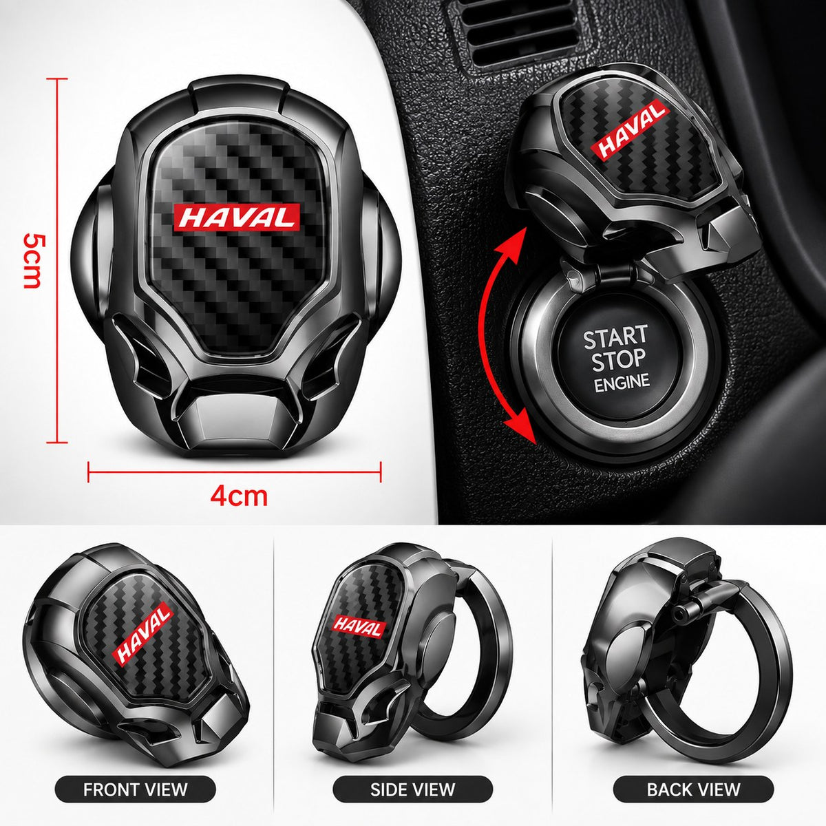 Haval black engine start button cover showing 5 cm height and 4 cm width measurements