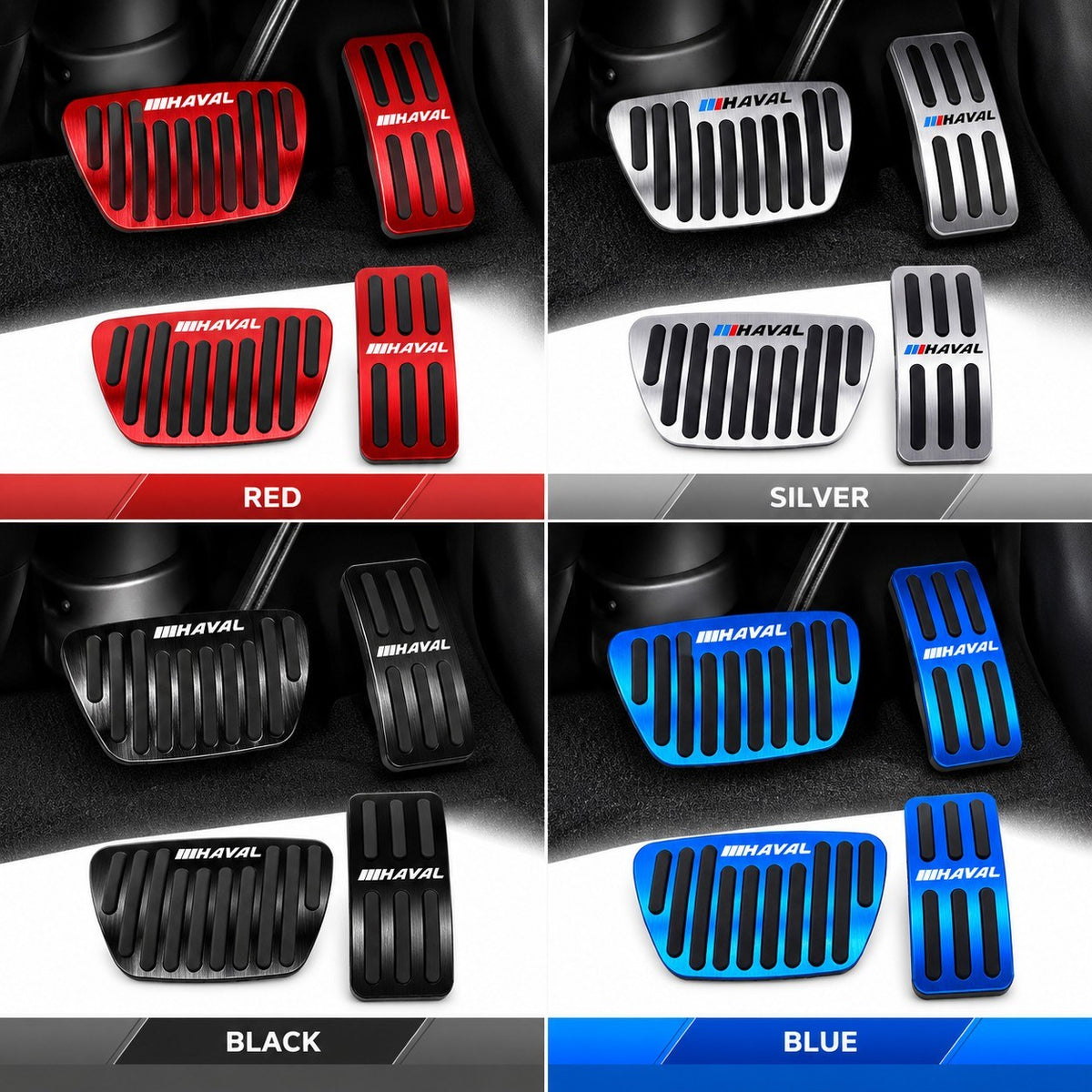 GWM Haval H6 aluminum pedal covers in red silver black and blue variants