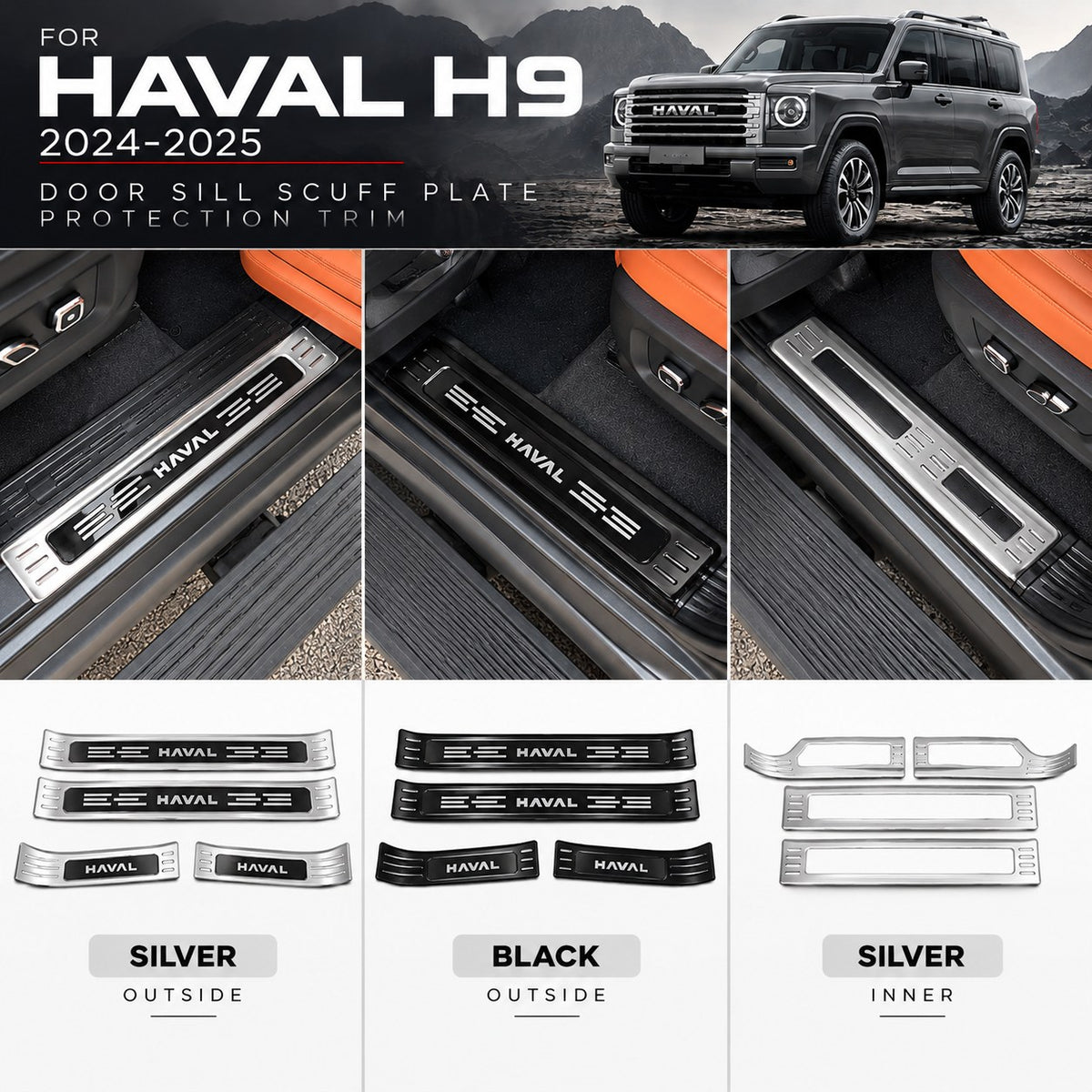 Haval H9 2024-2025 door sill scuff plate silver outside black outside and silver inner variants