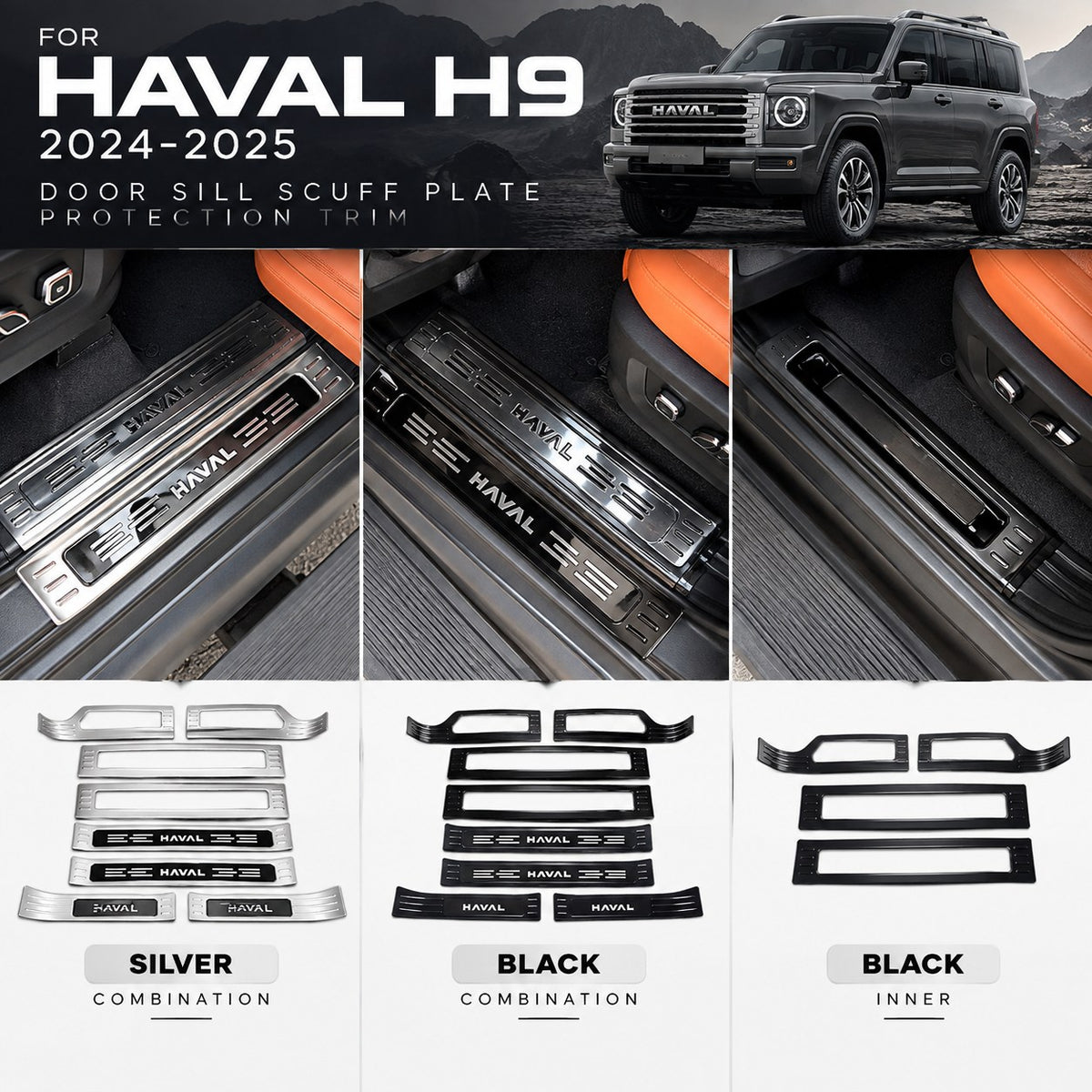 Haval H9 2024-2025 door sill scuff plate silver combination black combination and black inner variants