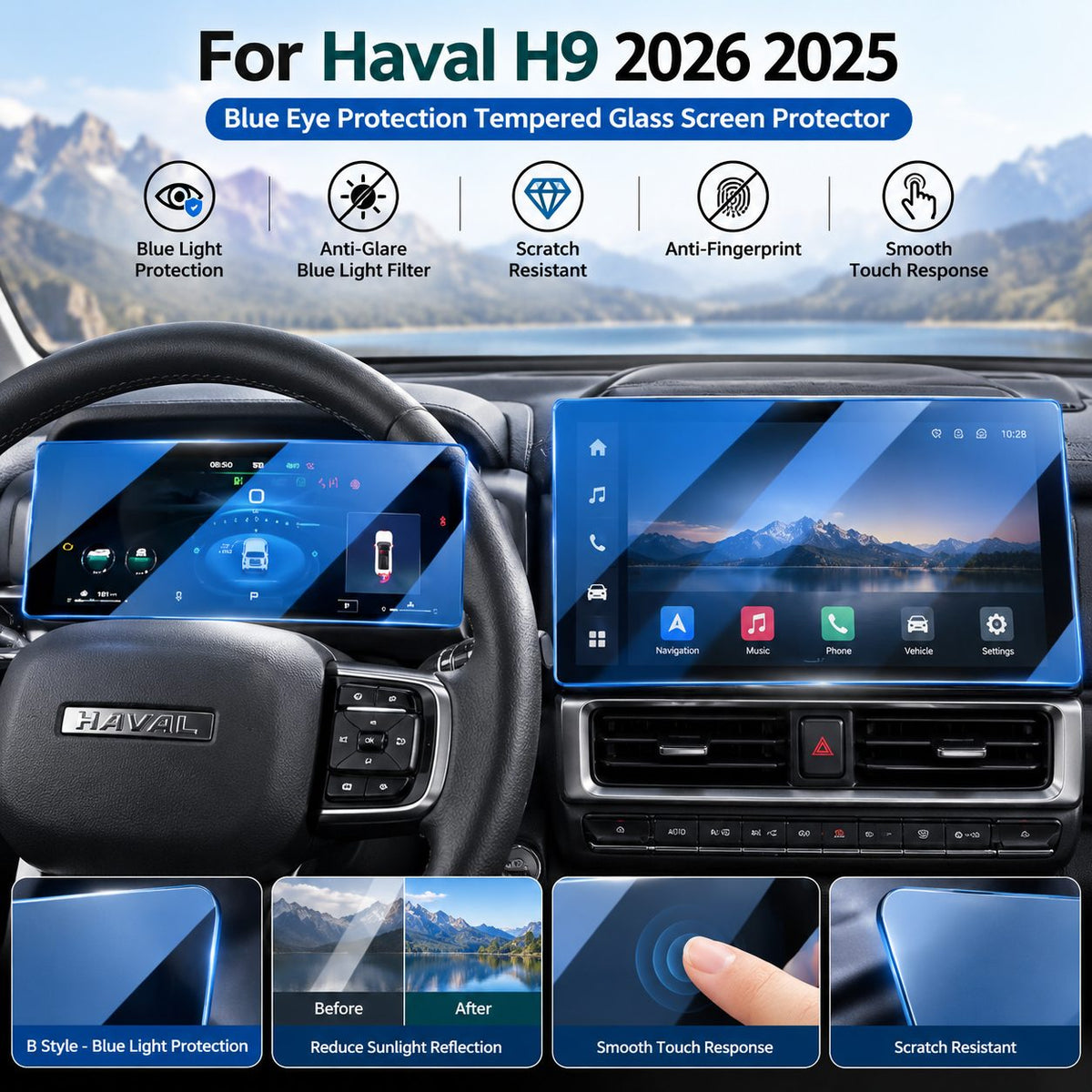 Blue light protection tempered glass screen protector for Haval H9 2025-2026 dashboard and navigation