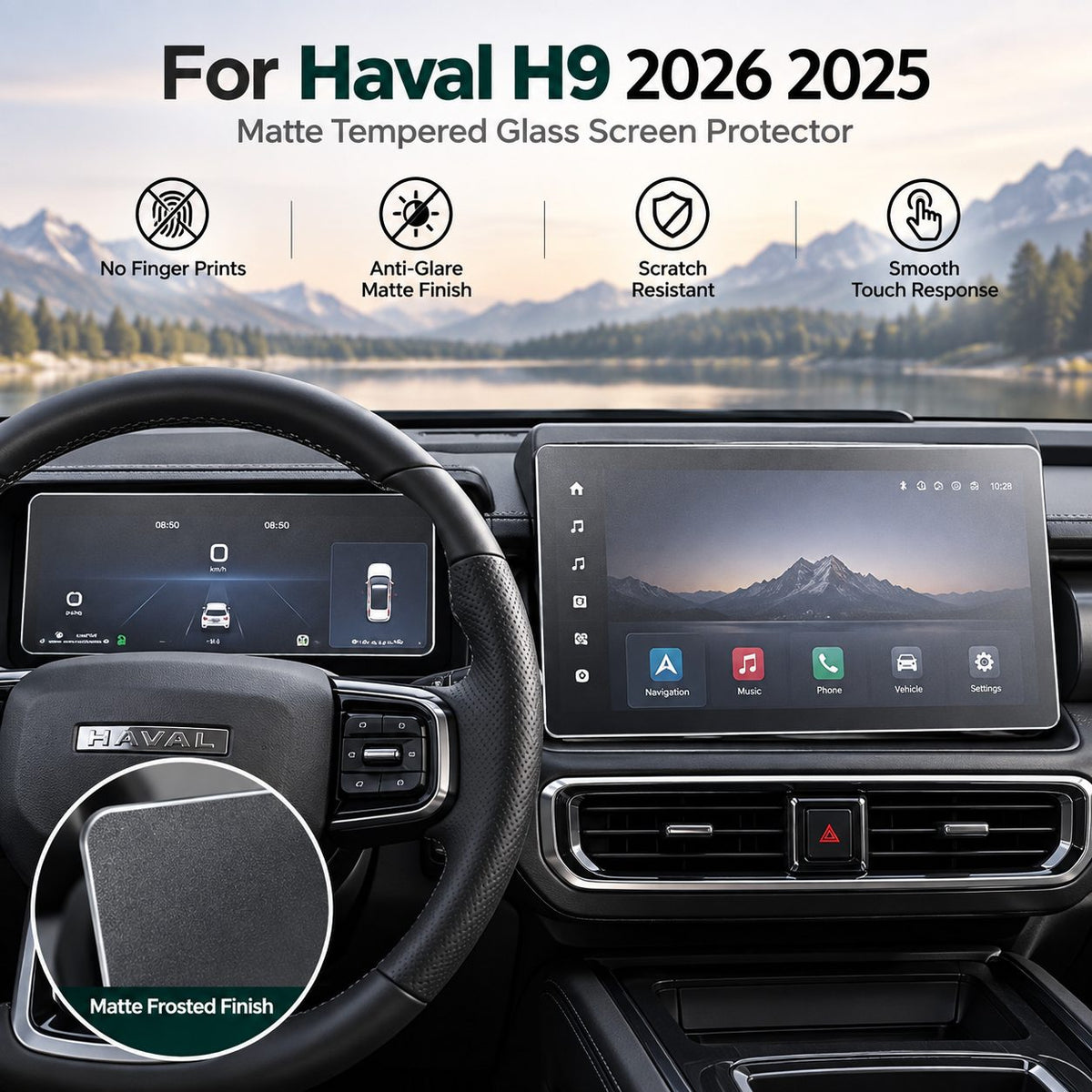 Frosted matte screen protector installed on Haval H9 2025-2026 dashboard and navigation displays