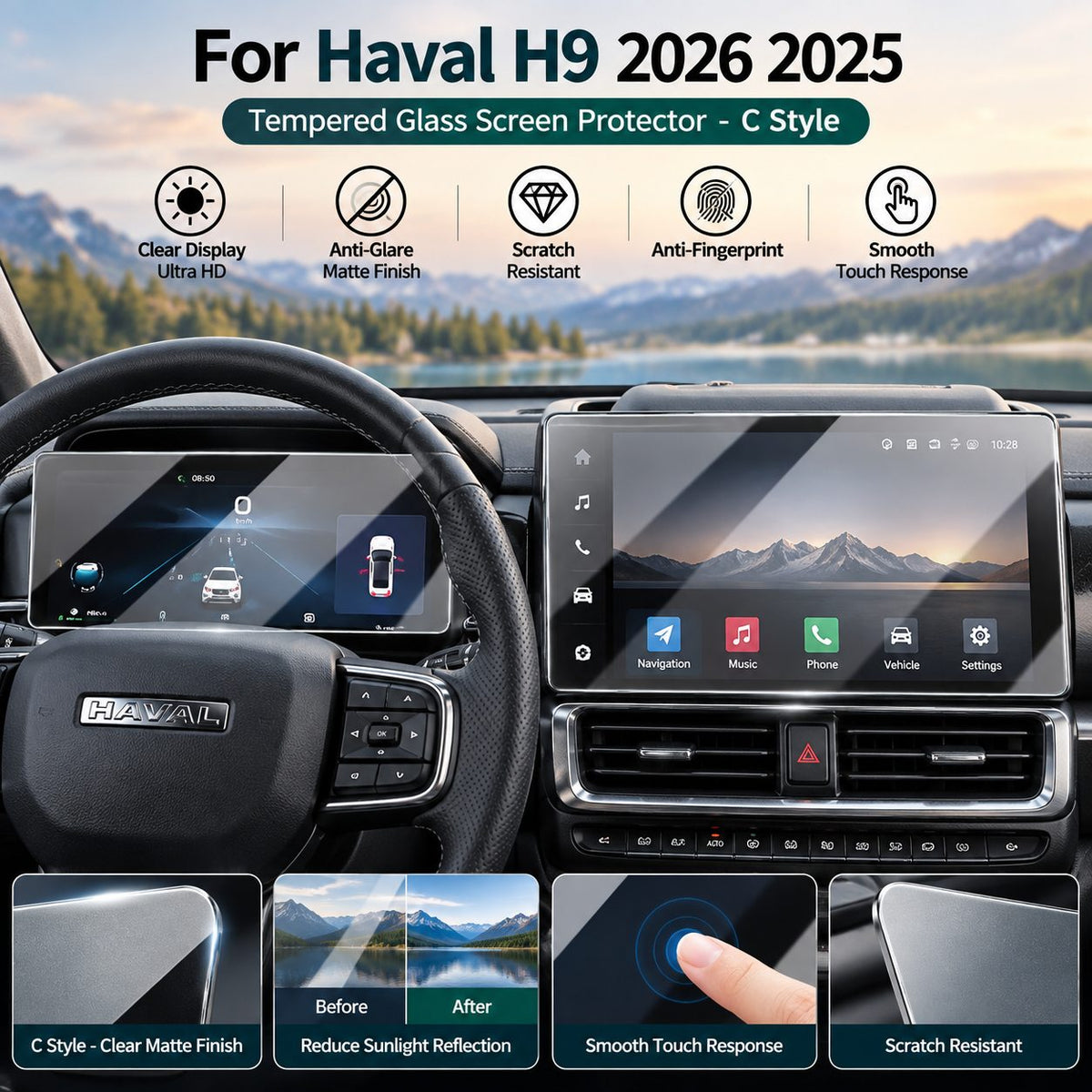 Clear matte tempered glass screen protector installed on Haval H9 2025-2026 dashboard and navigation screen