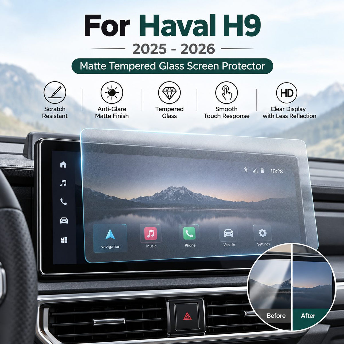 Matte tempered glass screen protector for Haval H9 2025-2026 dashboard and navigation display
