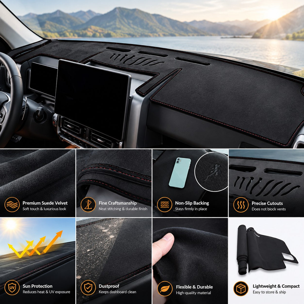 Haval H9 2024-2025 dashboard mat showing suede texture, stitching, cutouts and protective features