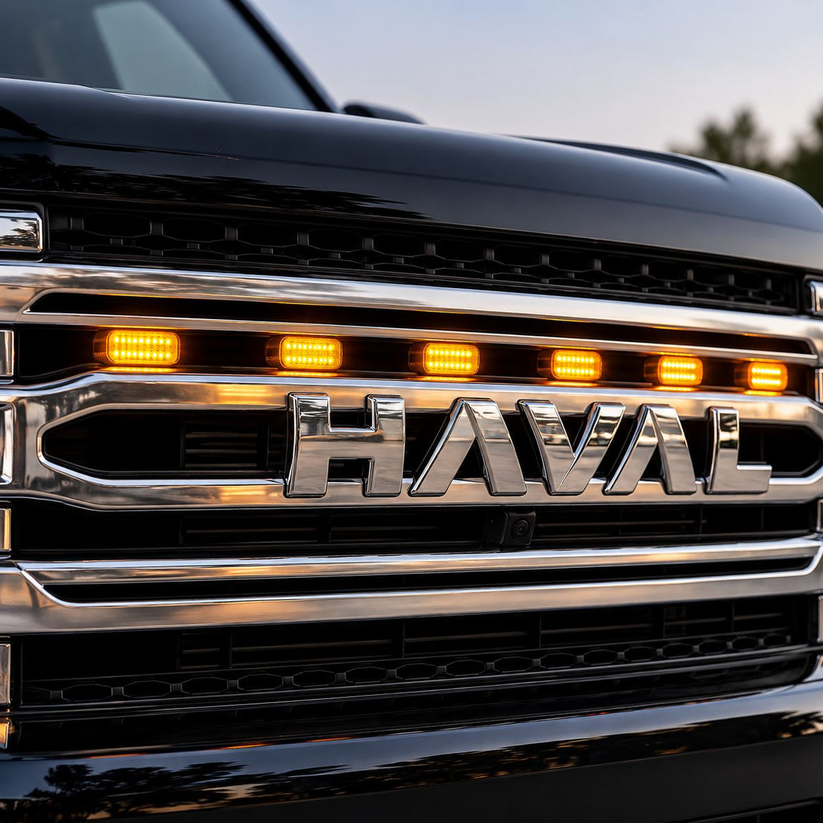 Haval H9 front grille yellow LED lights installed and illuminated
