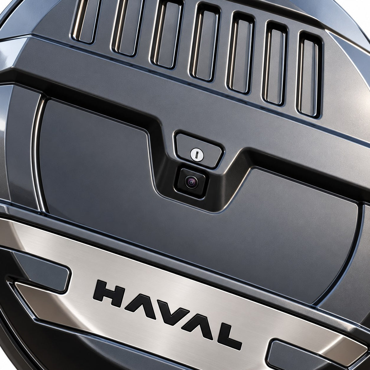 Close-up view of Haval H9 rear spare tyre cover showing vent slots, camera and HAVAL trim