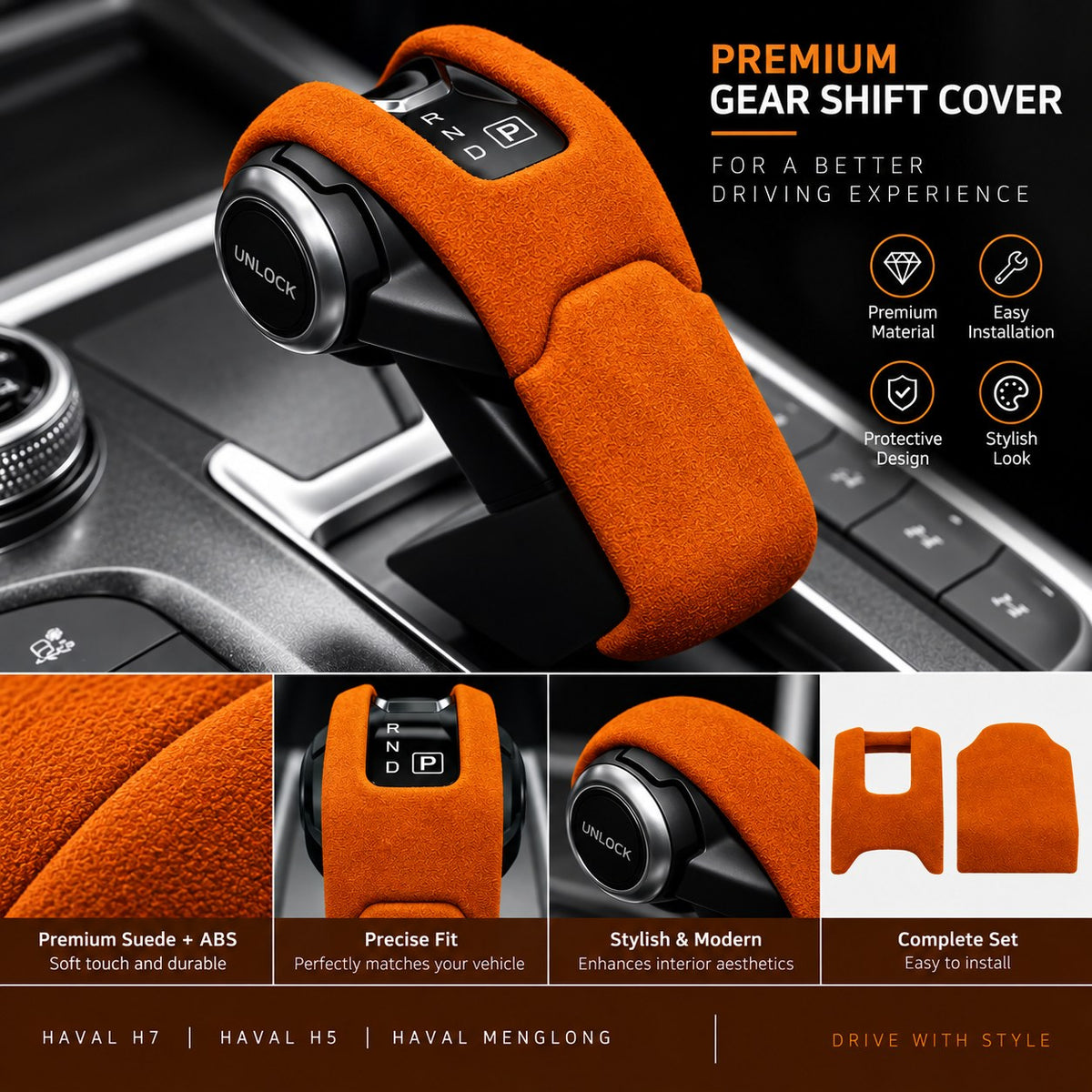 Orange HAVAL gear shift cover with premium suede design and feature details