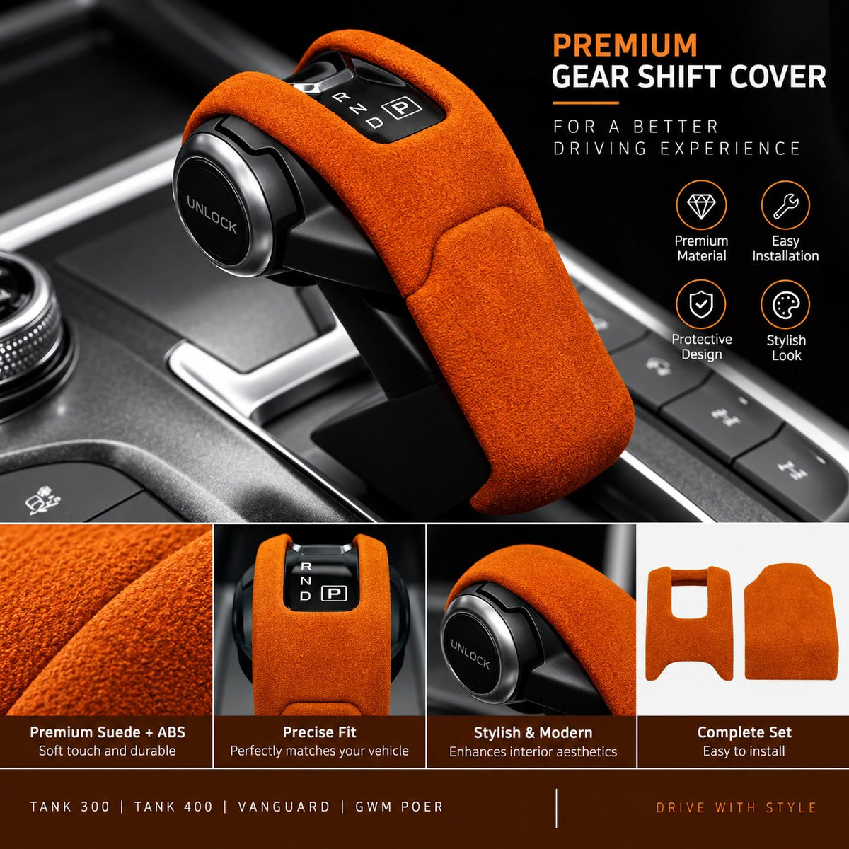 Orange TANK gear shift cover with premium suede design and feature details
