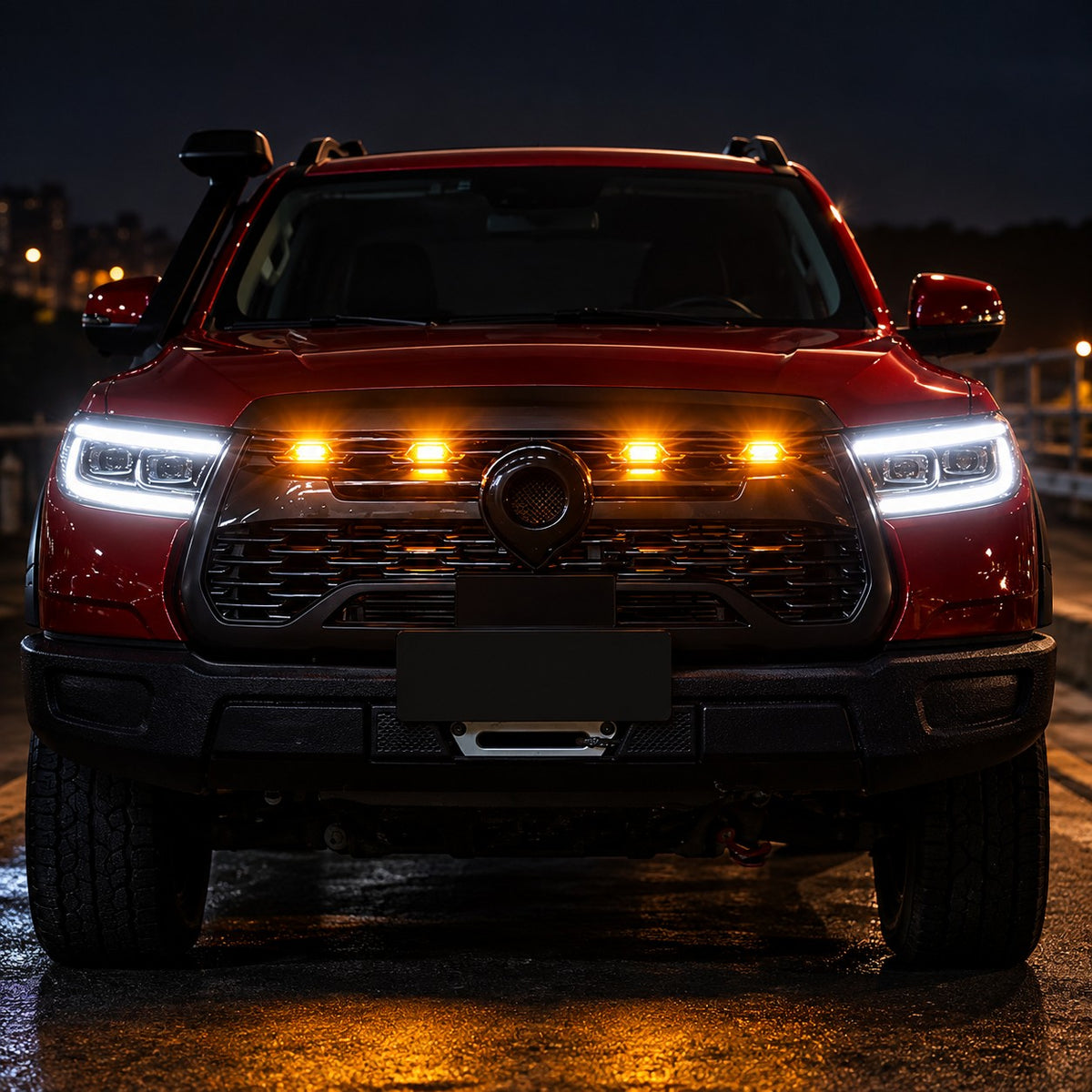 GWM Cannon 2024-2025 front grille yellow LED lights installed at night