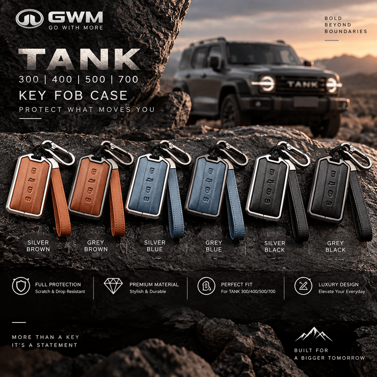 GWM TANK 300 400 500 700 premium key fob case cover displayed in a rugged automotive lifestyle setting