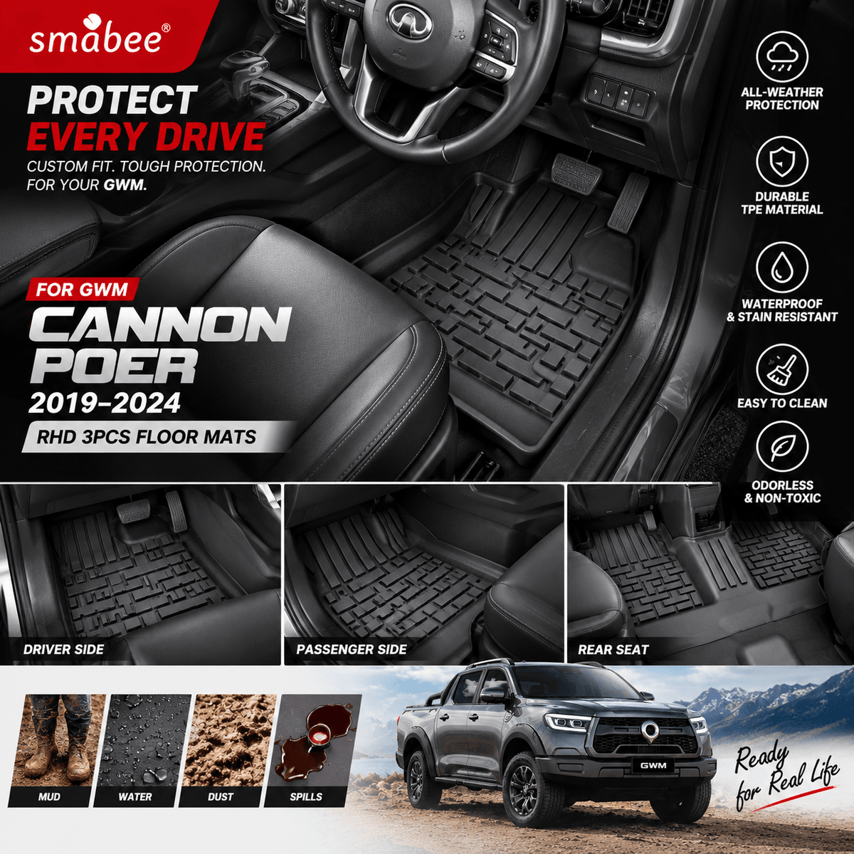 Smabee GWM Cannon Ute Great Wall Poer 2019-2024 RHD 3PC TPE floor mats installed