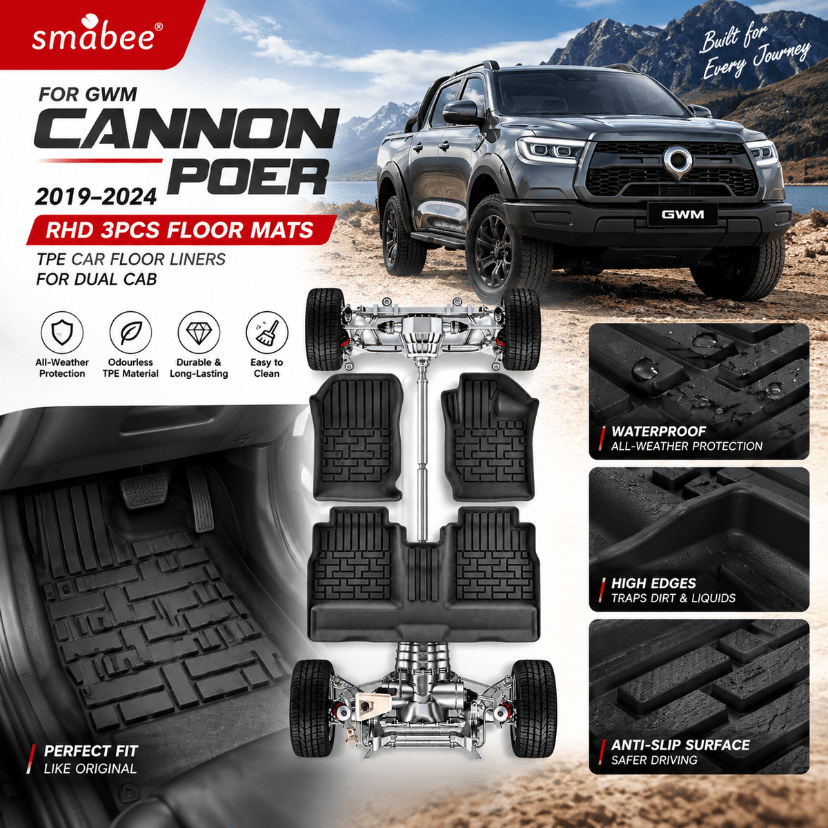 Smabee GWM Cannon Ute Great Wall Poer 2019-2024 RHD 3PC TPE floor mats