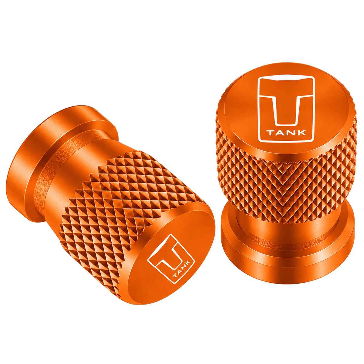 Two orange TANK-1 aluminum tire valve caps with a diamond-knurled texture and TANK logo