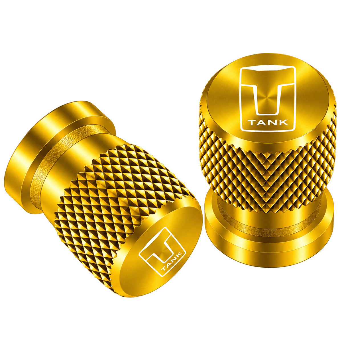 Two gold TANK-1 aluminum tire valve caps with diamond knurled texture and TANK logo