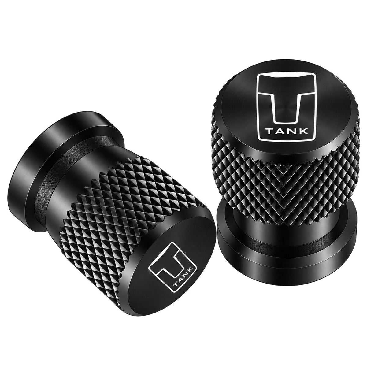 Two black TANK-3 aluminum tire valve caps with diamond knurled texture and TANK logo