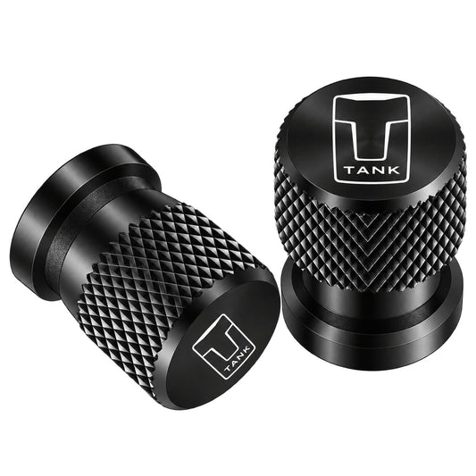 Two black TANK-3 aluminum tire valve caps with diamond knurled texture and TANK logo