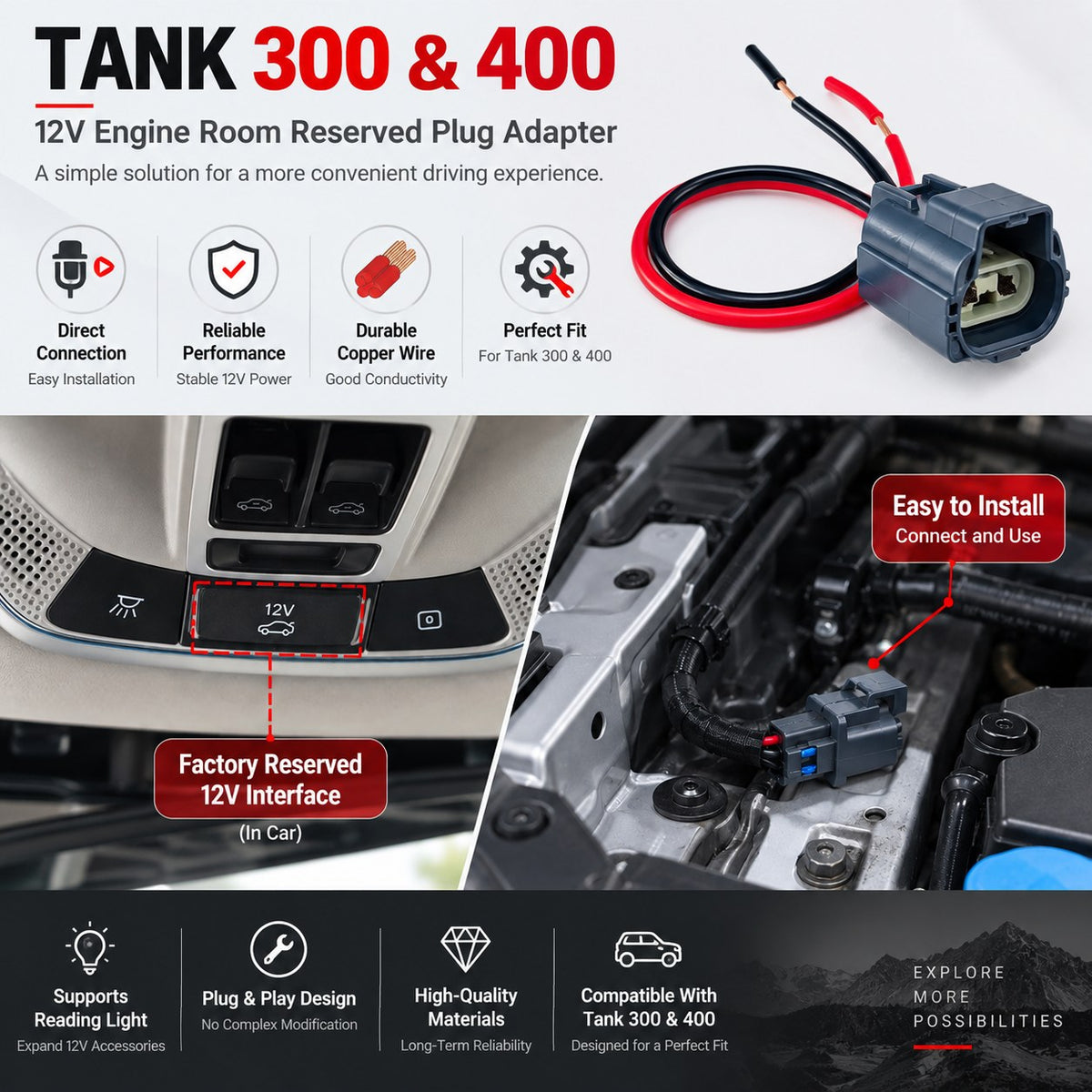 Tank 300 and 400 12V reserved plug adapter showing direct connection durable wiring and easy installation