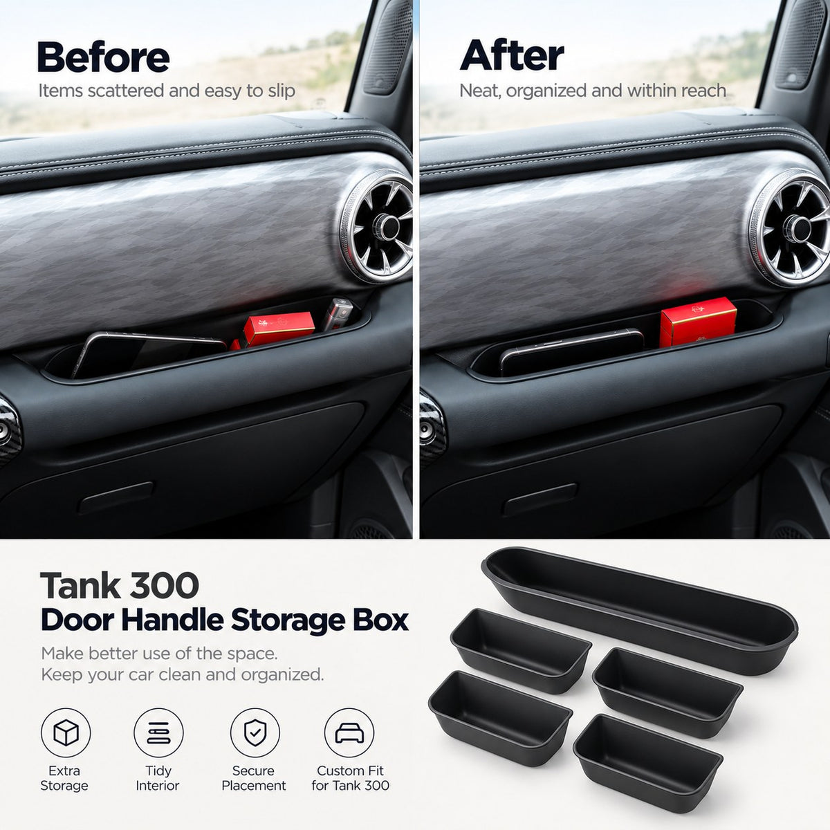 Before and after comparison showing Great Wall Tank 300 interior storage before and after installing the door handle storage box organizer.